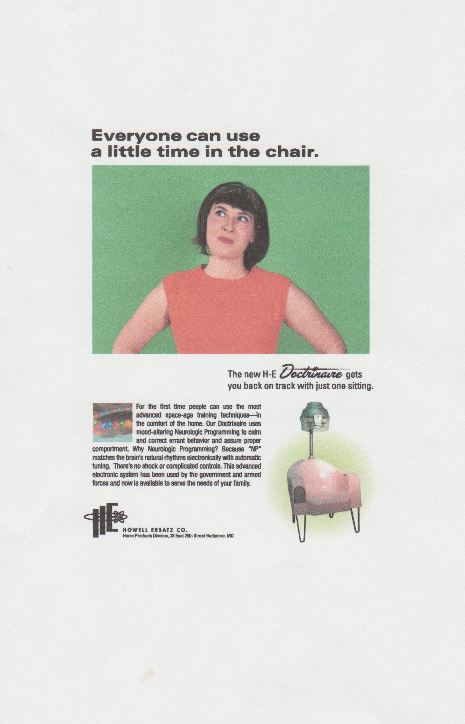 Magazine ad suggesting “A little time in the chair”